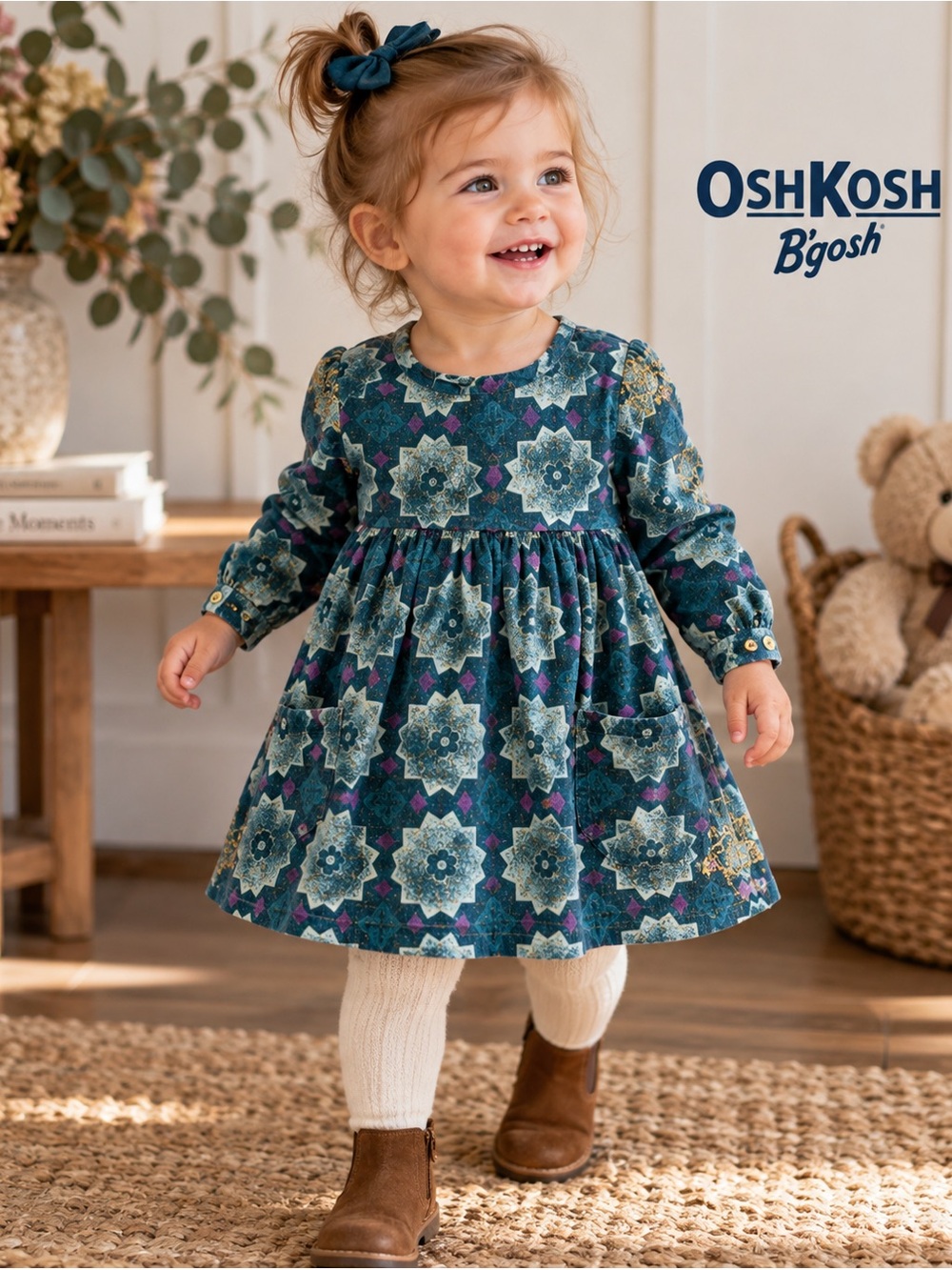 KIDS OshKosh B’gosh Girls Teal Geometric Metallic Print Dress Size 18M NWT